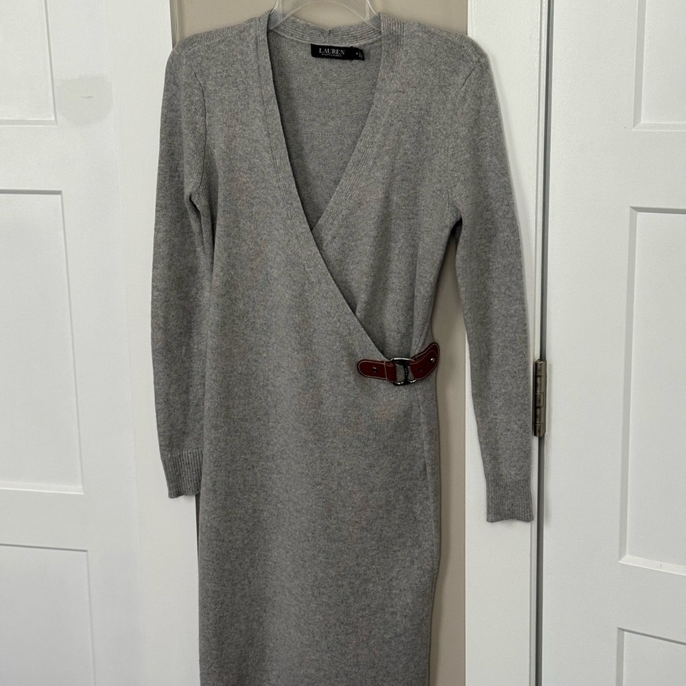 Ralph Lauren Gray Long Sleeve V-Neck Sweater Dress